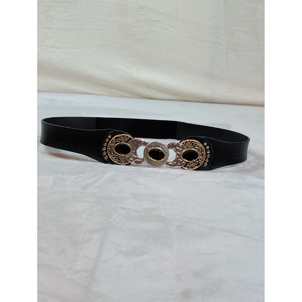 Chicos Black Leather Mixed Metal Statement‎ Buckle Belt Cabochon Stones Size M L